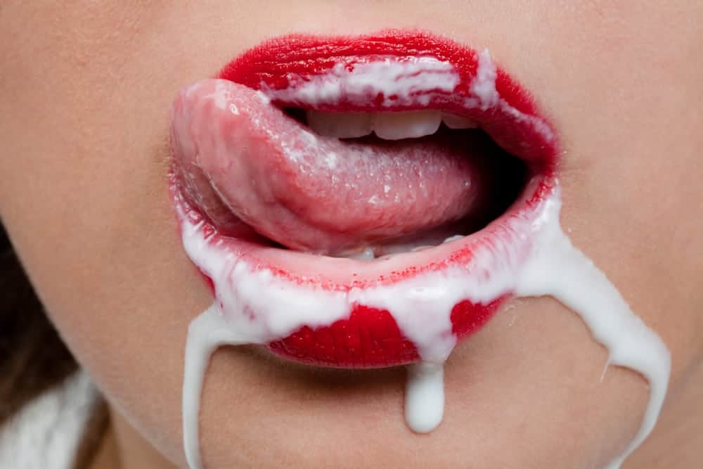 red lips covered with cum