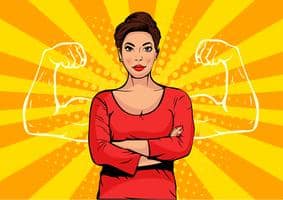 vector, strong woman with hands crossed and fierce look. Muscular hands outline at each side of her body