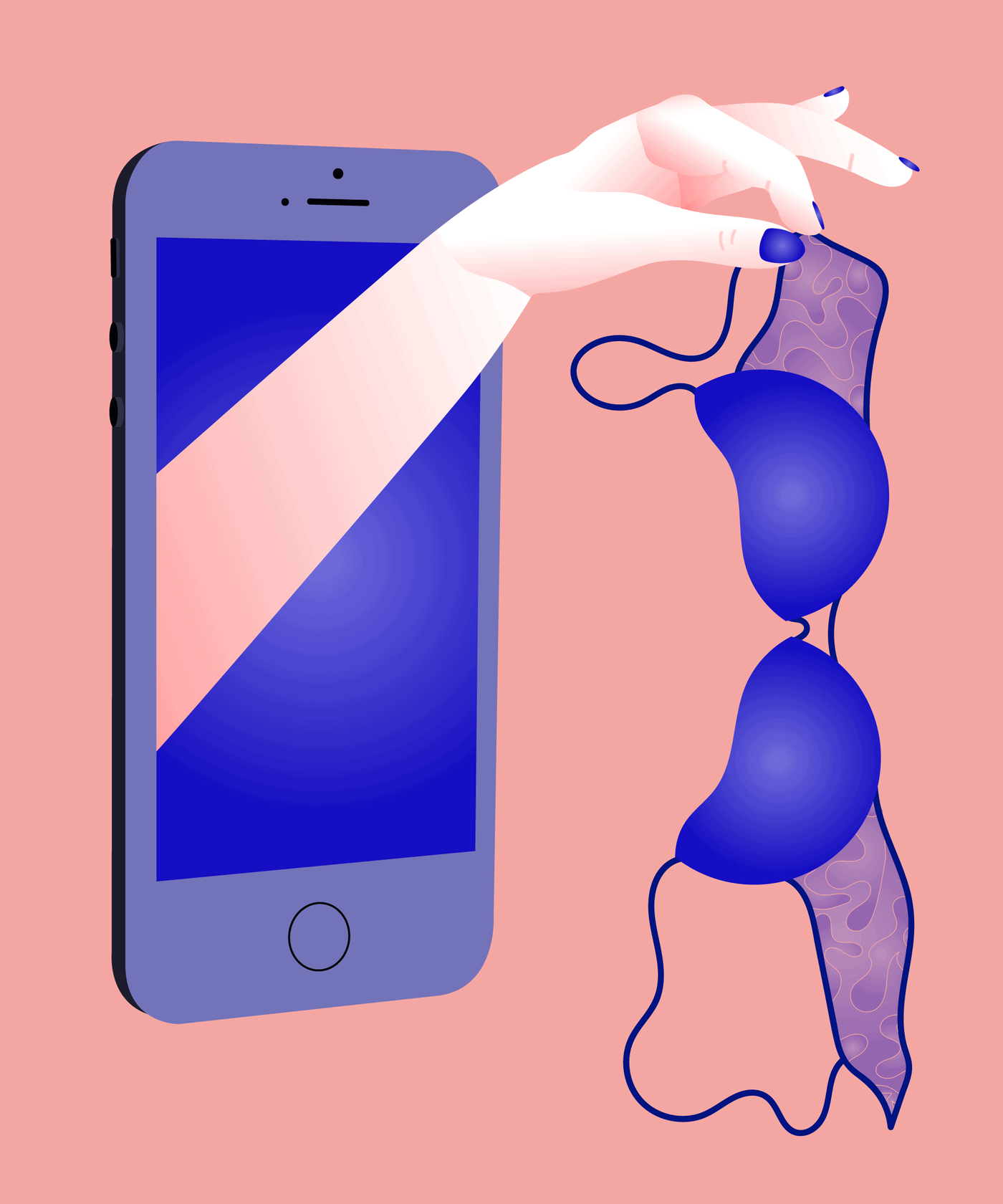 illustration of a hand reaching out of a phone screen and holding a bra