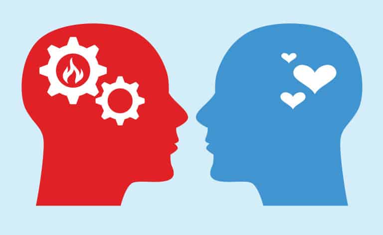 illustration of emotional turmoil - two heads in different colors, one has gears inside it and the other has a heart symbol