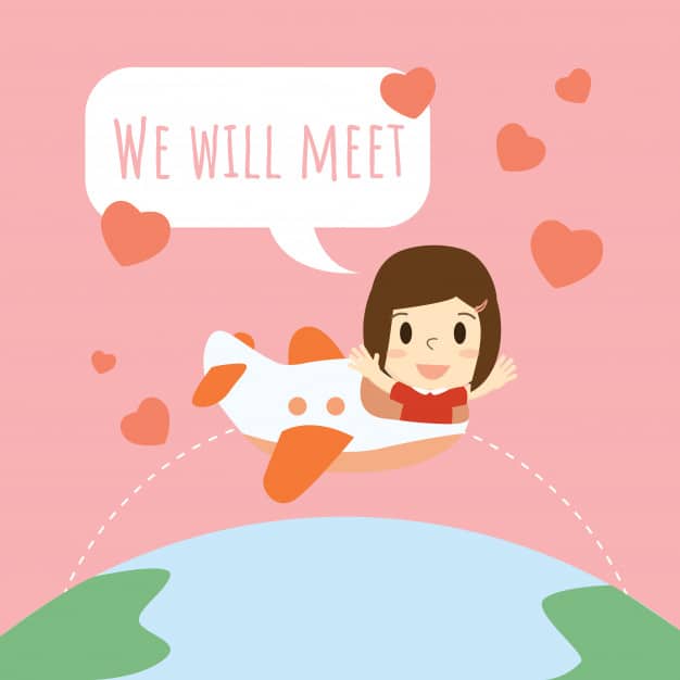 vector of a woman on a plane flying across the globe with hearts surrounding her and text "we will meet"