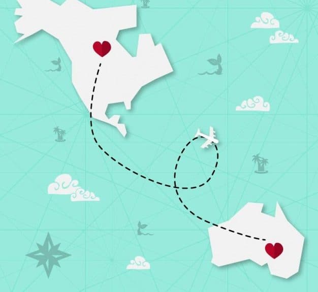 long distance relationship illustration, two hearts connected through trail on different continents on world map