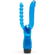 Blue U shaped double penetration dildo