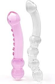 two clear glass dildo set, pinkish and clear