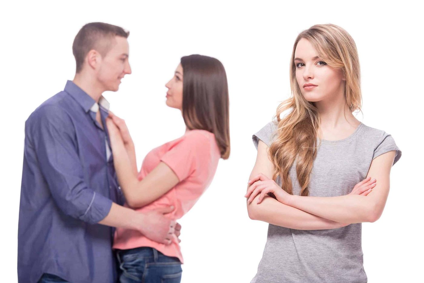 sad woman with her ex boyfriend and his girlfriend behind her