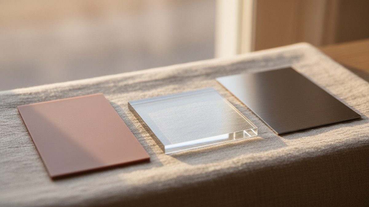 close-up of silicone, glass, and steel material samples side by side