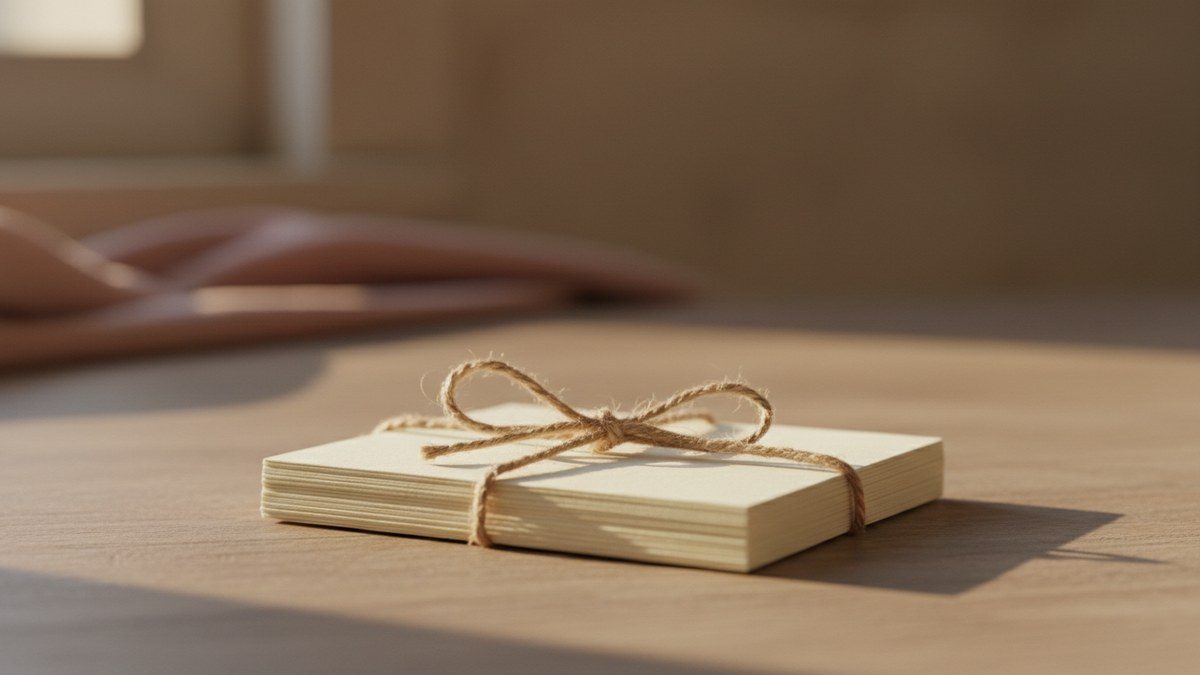 stack of blank note cards tied with twine