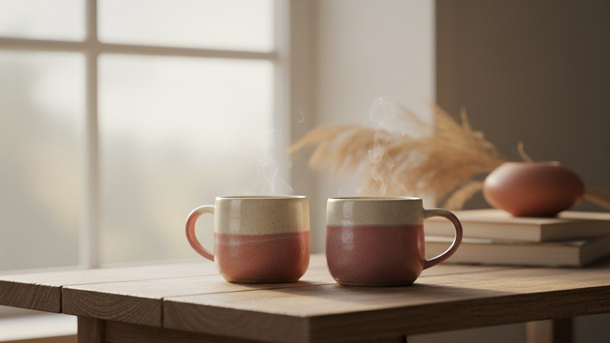 Two soft abstract forms side by side in warm light