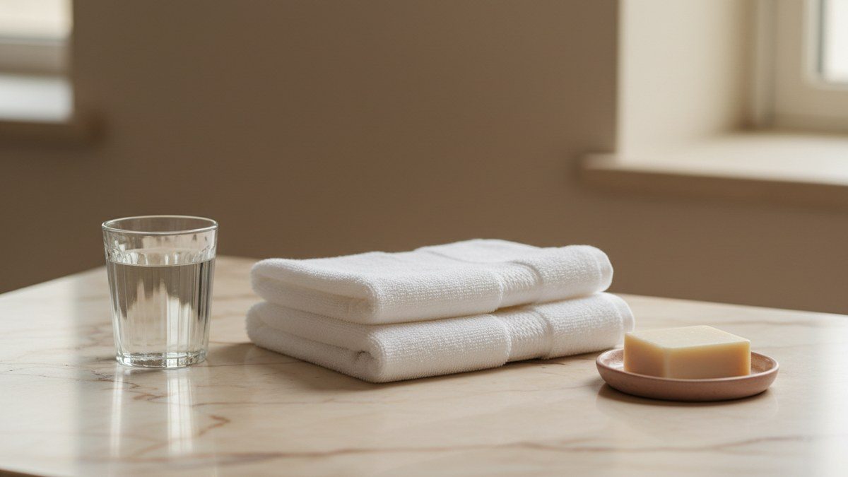 folded white towel and soap on a warm marble counter