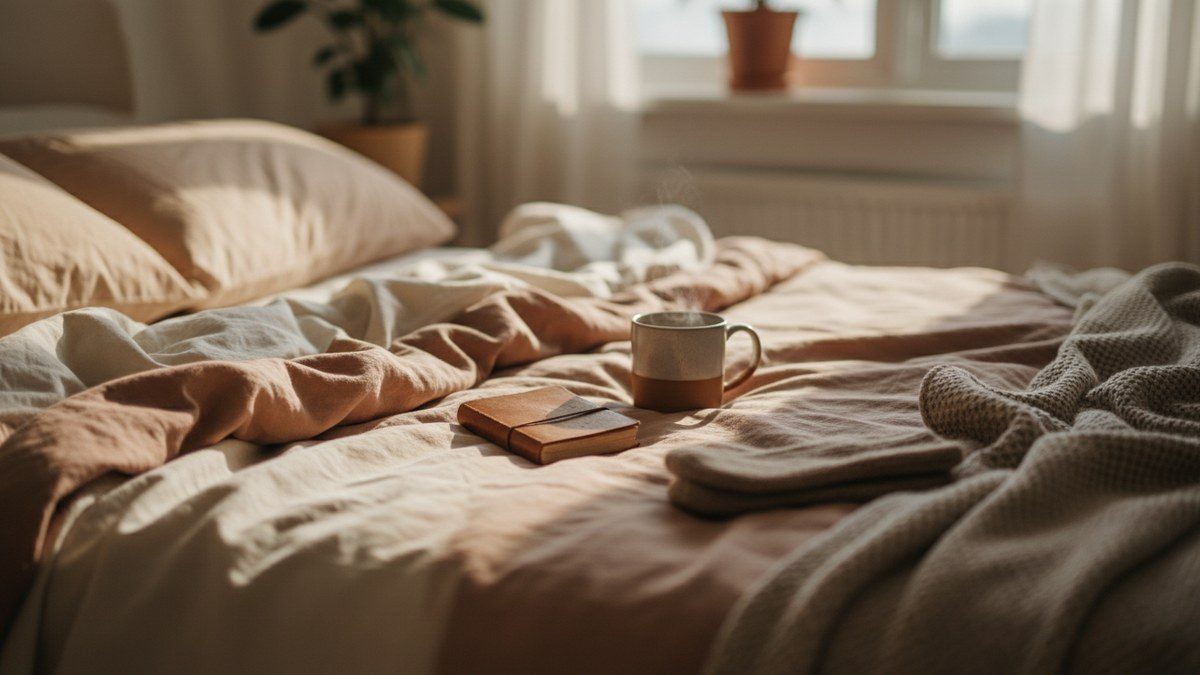 soft rumpled linen bedsheets in morning light