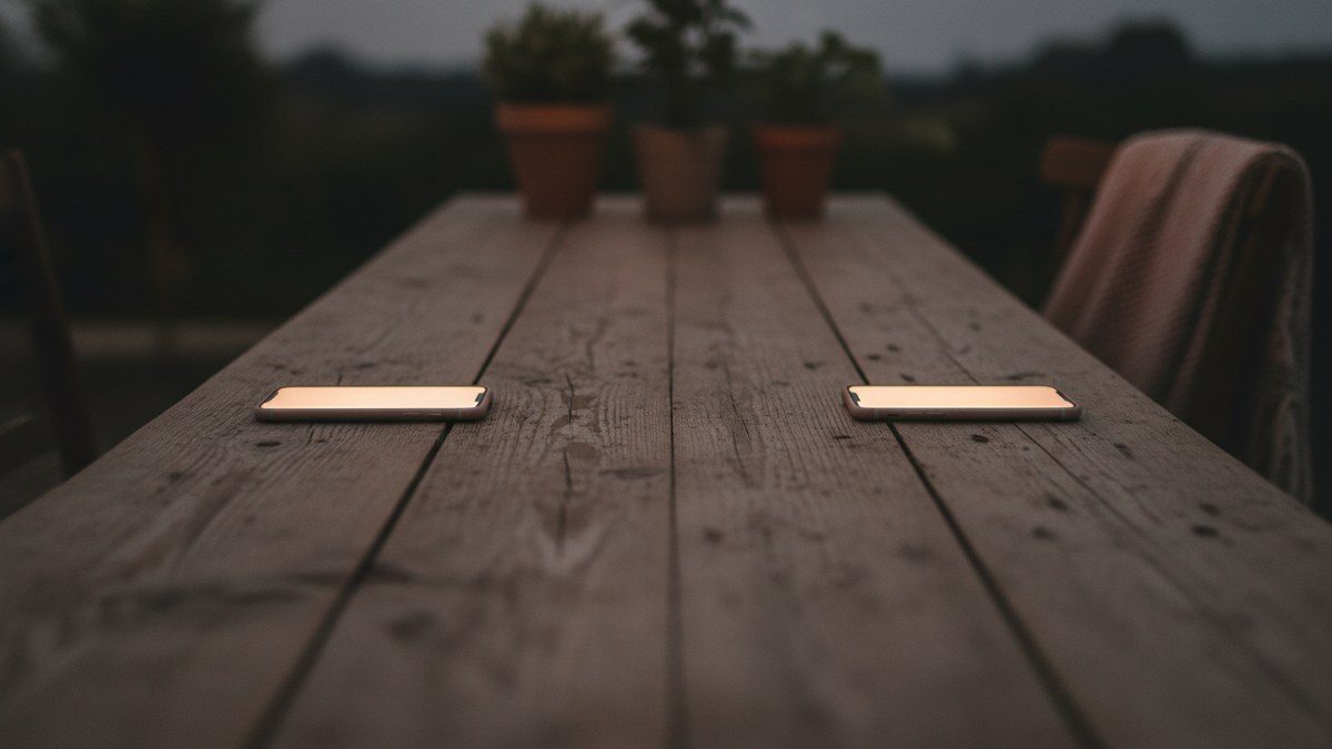 two phones glowing at opposite ends of a wooden table at dusk
