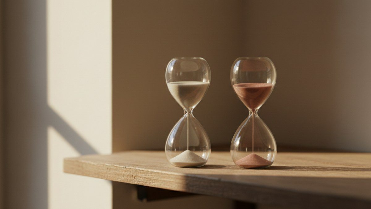 two hourglasses with uneven sand levels side by side