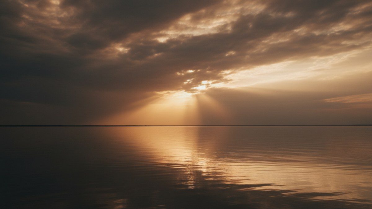 stormy sky with a ray of sunlight breaking through over calm water