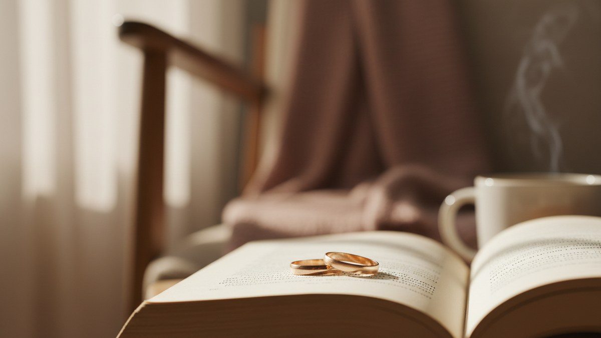 wedding rings resting on an open book in soft light
