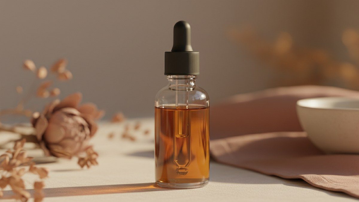 glass dropper bottle catching warm golden light