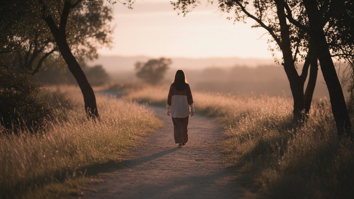 silhouette of a person walking away at golden hour